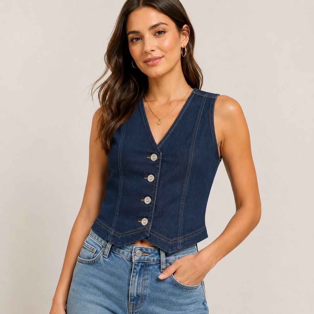 Avec Les Filles Denim Vest Womens Size XS Blue Waistcoat Sleeveless Button Front